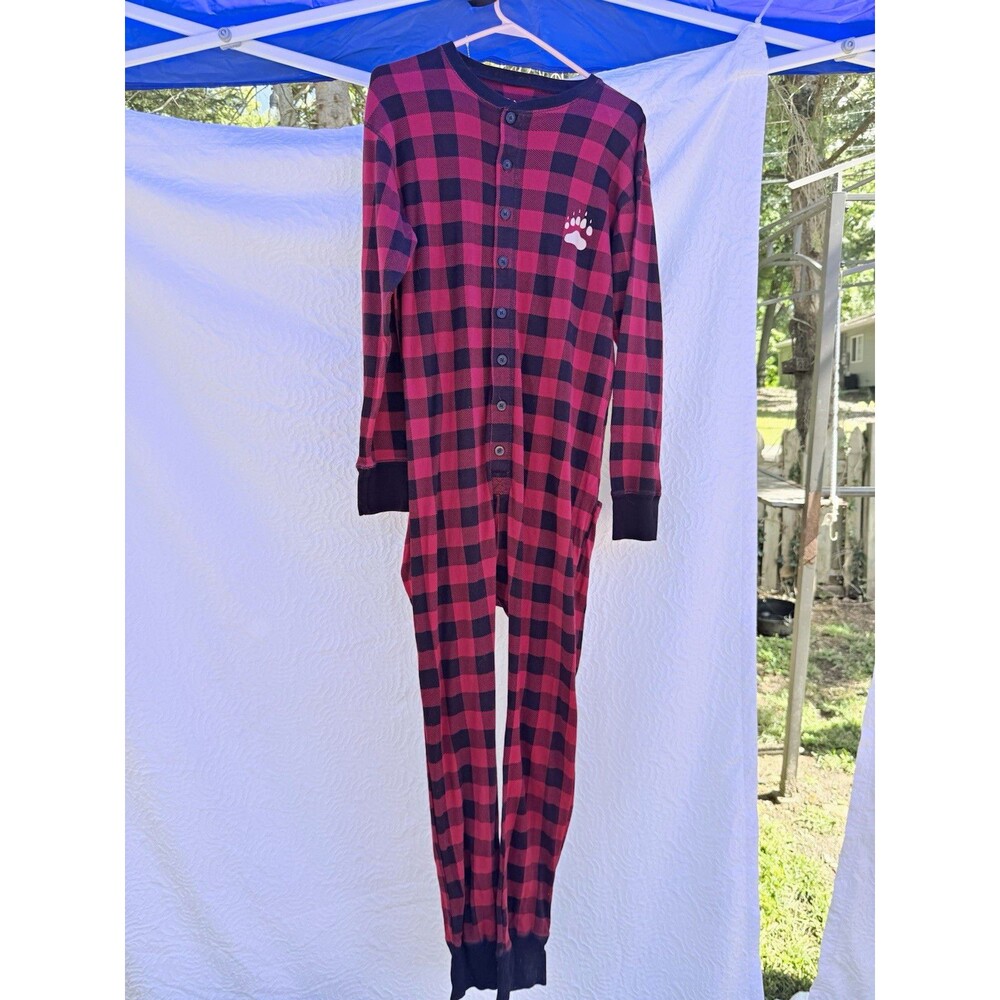 Lazy One Unisex Kids L Bear One-Piece Pajamas Red/Black Plaid Cotton Button